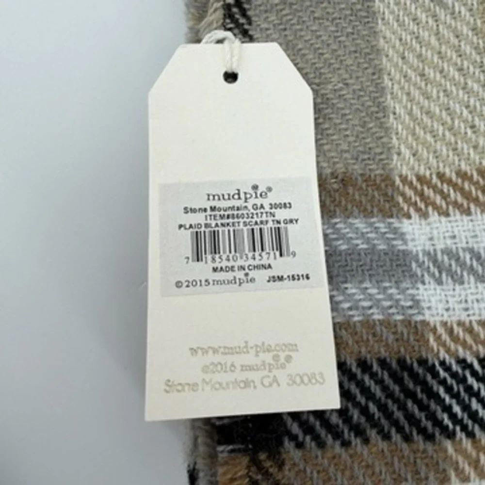 Mud Pie Plaid Blanket‎ Scarf Tan Gray Fringe Reversible Oversized Wrap NWT